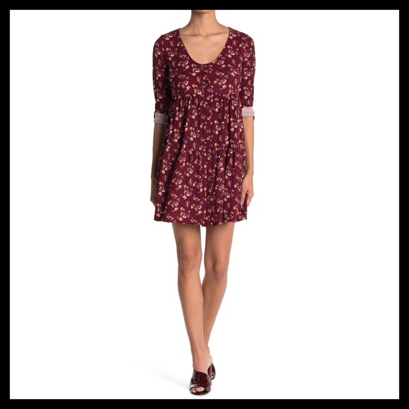 KENEDIK Floral Tiered Ruffle Rib Knit Dress Colors: Wine & Pink - Picture 3 of 7